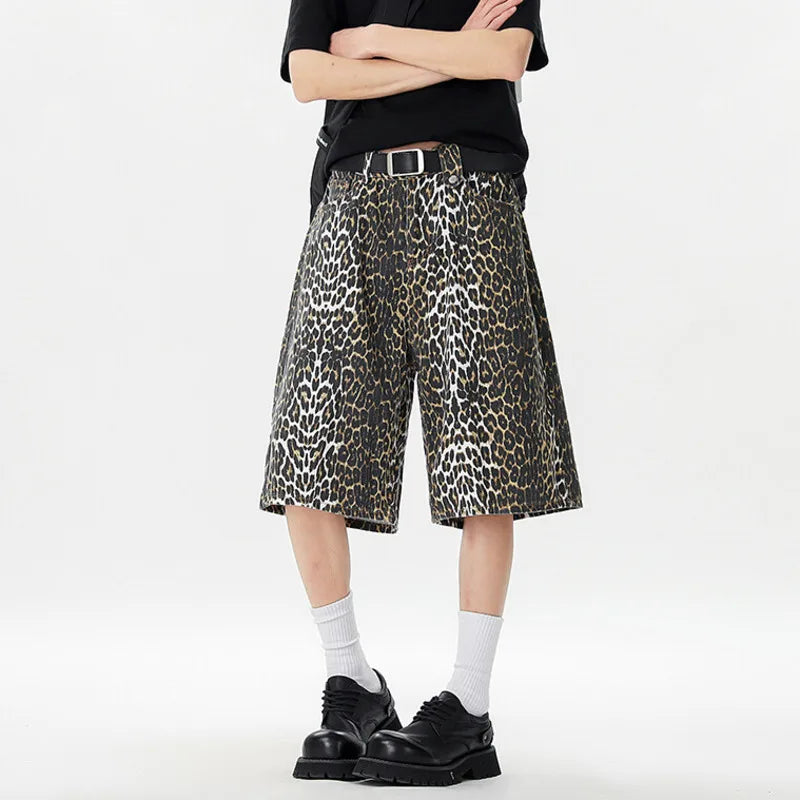 Niche Design Men'S Denim Shorts Leopard Printing Casual Cropped Trousers Washed Wide Leg Loose Male Jeans New Trendy 9W3173