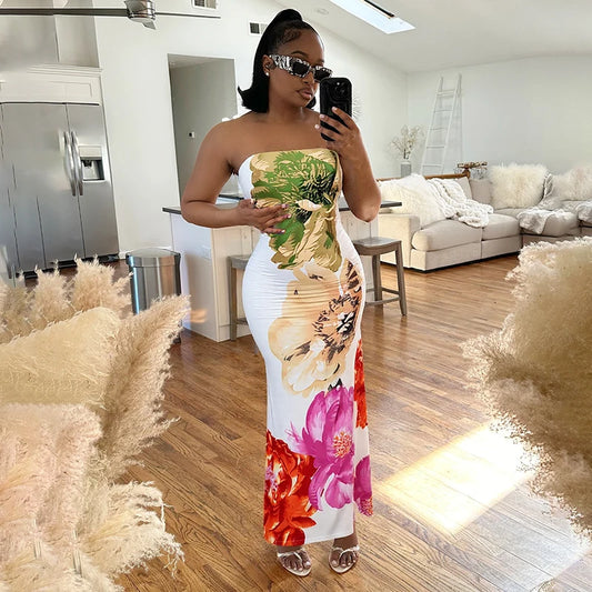 Floral Printed Strapless Backless Dress