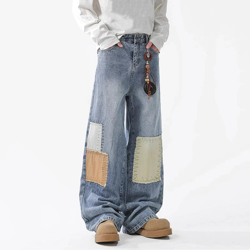 Patchwork Jeans Loose Straight Leg Denim Pants