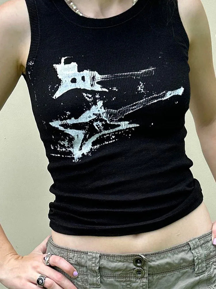 Guitar Print Sleeveless Tank Top Y2K Casual Ribbed Women Grunge Crop Top Harajuku Fashion Vest Tee 90S Street Outfits