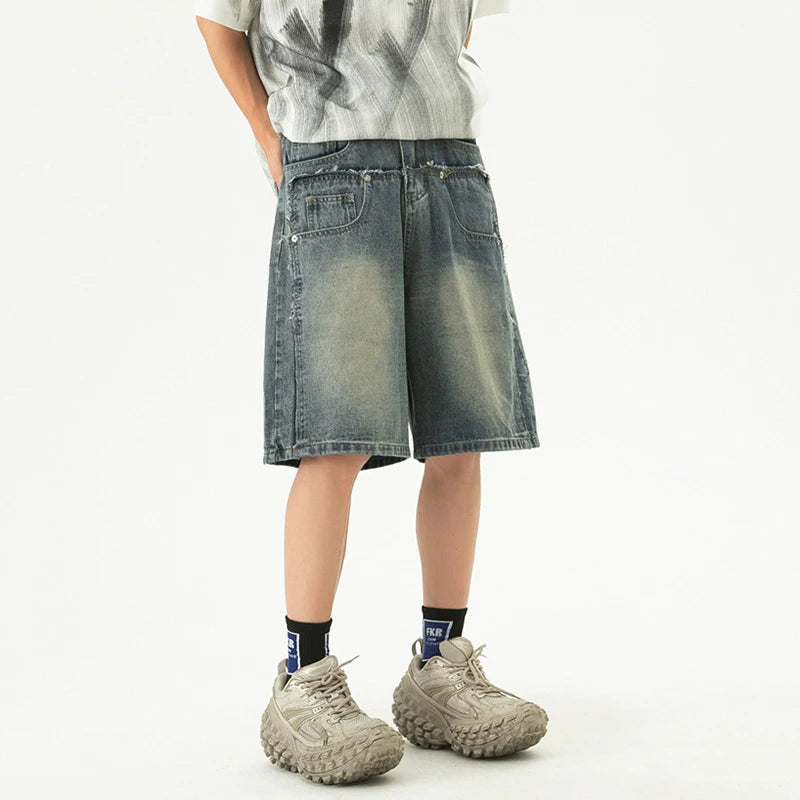 New Summer Men'S Jeans Wahsing Contrast Color Patchwork Raw Edge Loose Straight Leg Fashion Summer Male Denim Shorts 9W3839