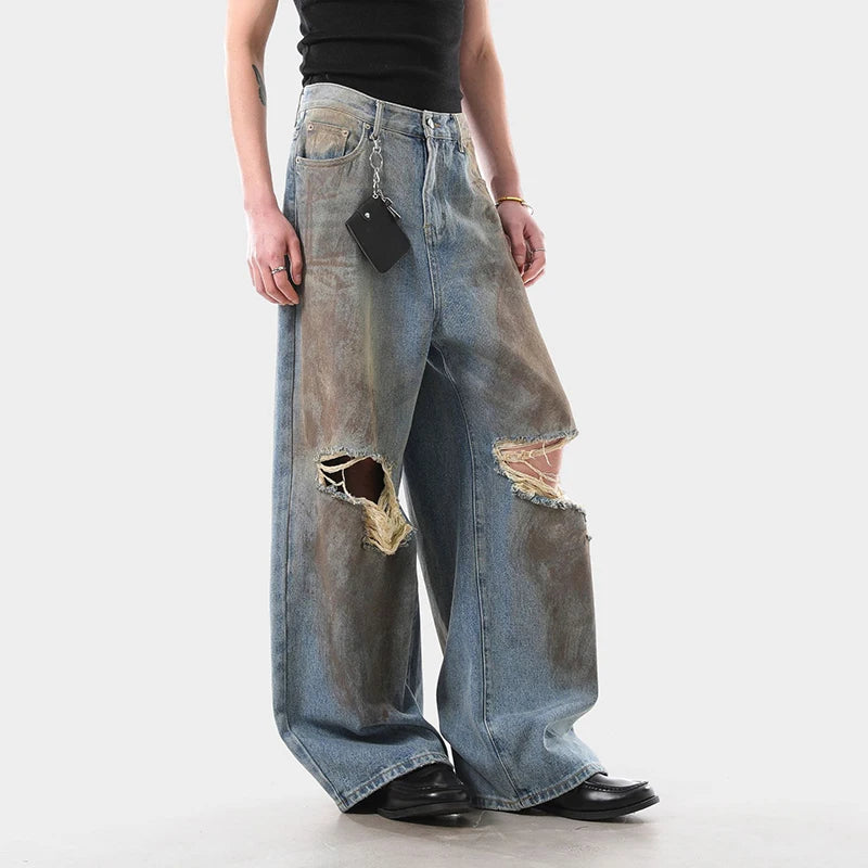 American Style Washed Distressed Ripped Jeans Men Loose Trendy Wide Leg High Street Baggy Denim Pants Hole Design 9W4032