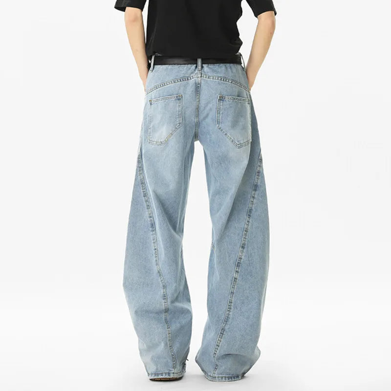Korean Style Men'S Denim Pants Solid Color Holes Design Casual Straight Trousers Wide Leg Loose Male Jeans Summer 9W3405