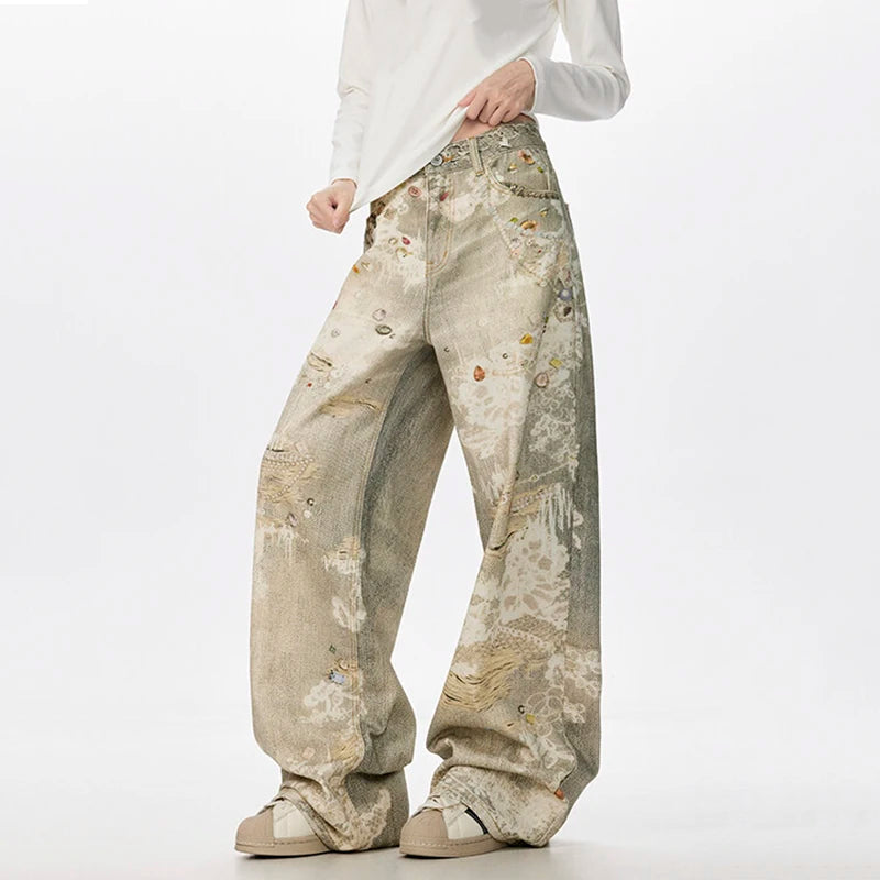 Niche Design Men'S Denim Pants Digital Printing Contrats Color Casual Trousers Wide Leg Loose All-Match Male Jeans 9W3713