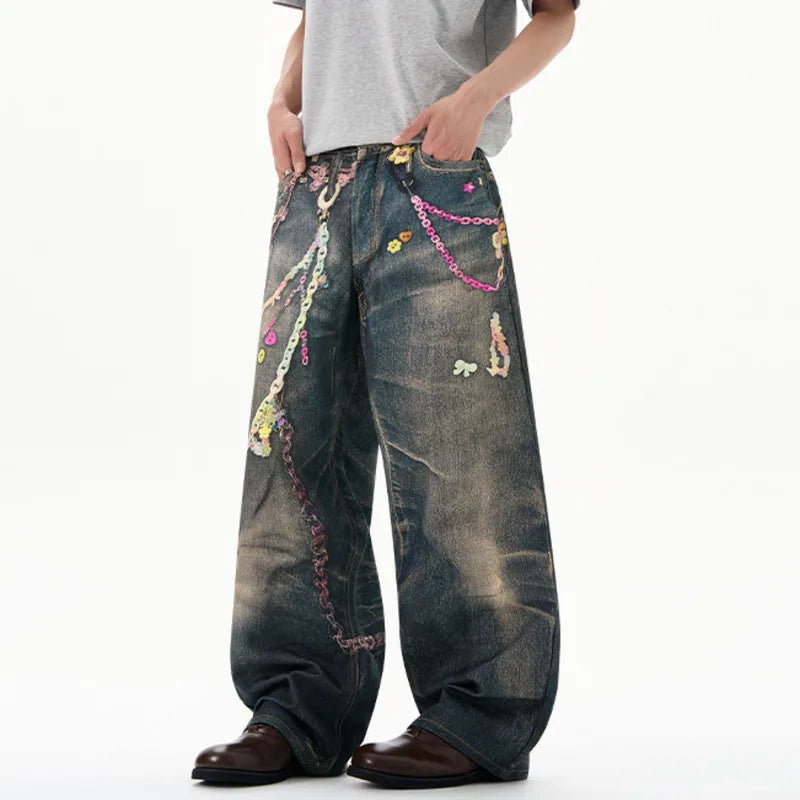 High Street Men'S Jeans Chians Printing Contrast Color Casual Straight Leg Trousers Loose Washing Male Denim Pants 9W3587