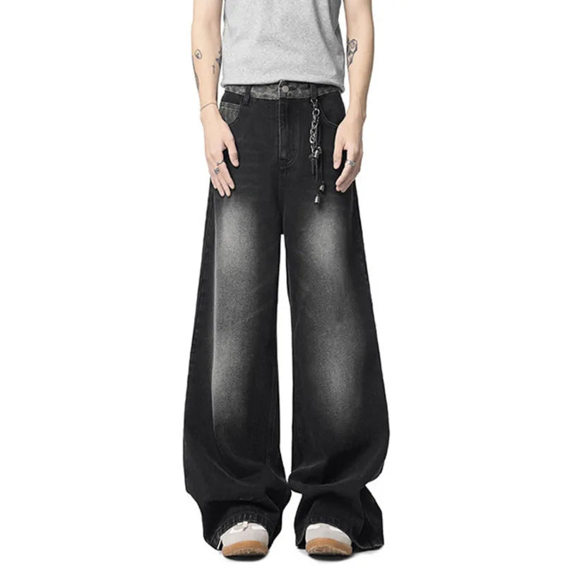 New Fashion Men'S Jeans Washing Leopard Print Patchwork Contrats Color Trousers Straight Wide Leg Male Denim Pants 9W3861