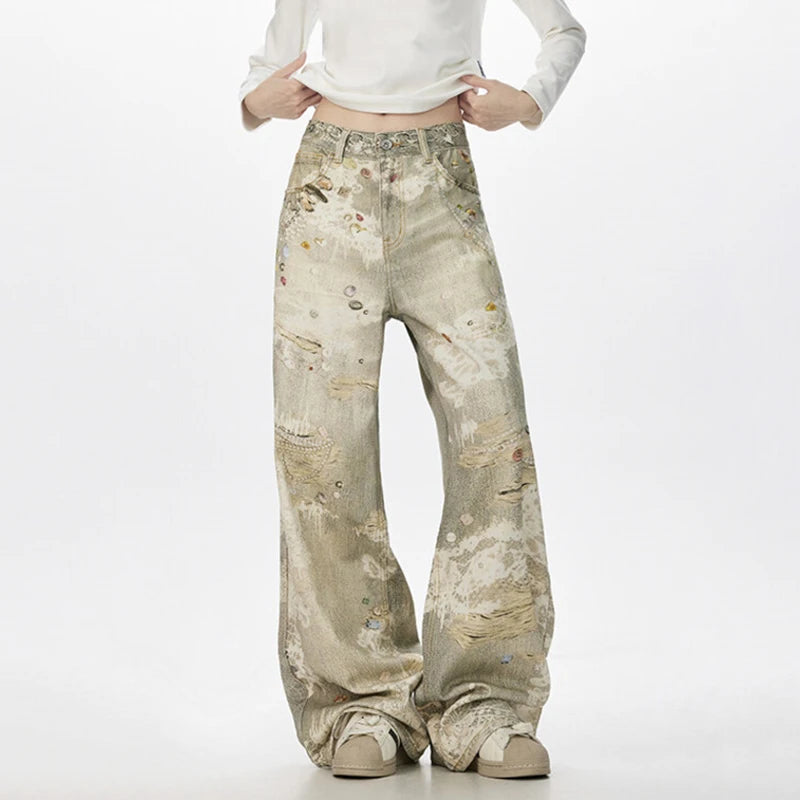 Niche Design Men'S Denim Pants Digital Printing Contrats Color Casual Trousers Wide Leg Loose All-Match Male Jeans 9W3713
