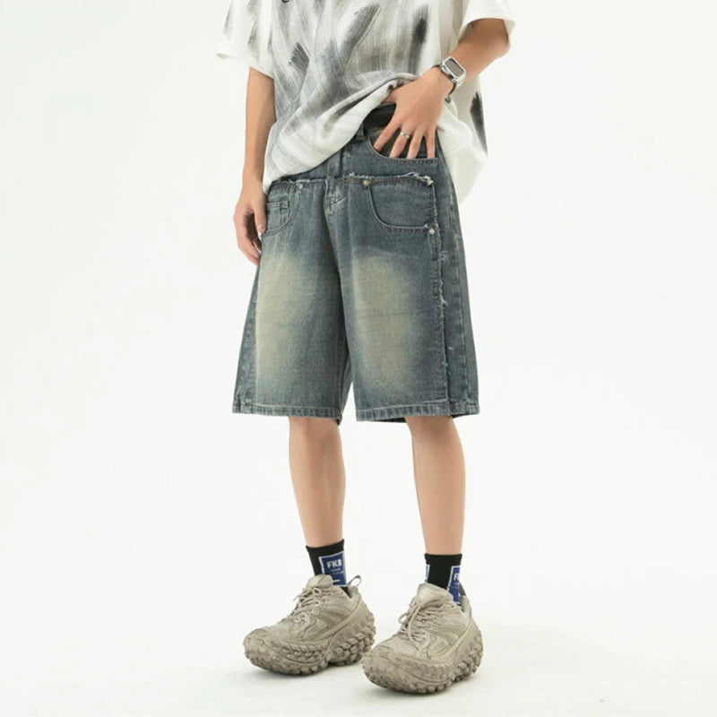 New Summer Men'S Jeans Wahsing Contrast Color Patchwork Raw Edge Loose Straight Leg Fashion Summer Male Denim Shorts 9W3839