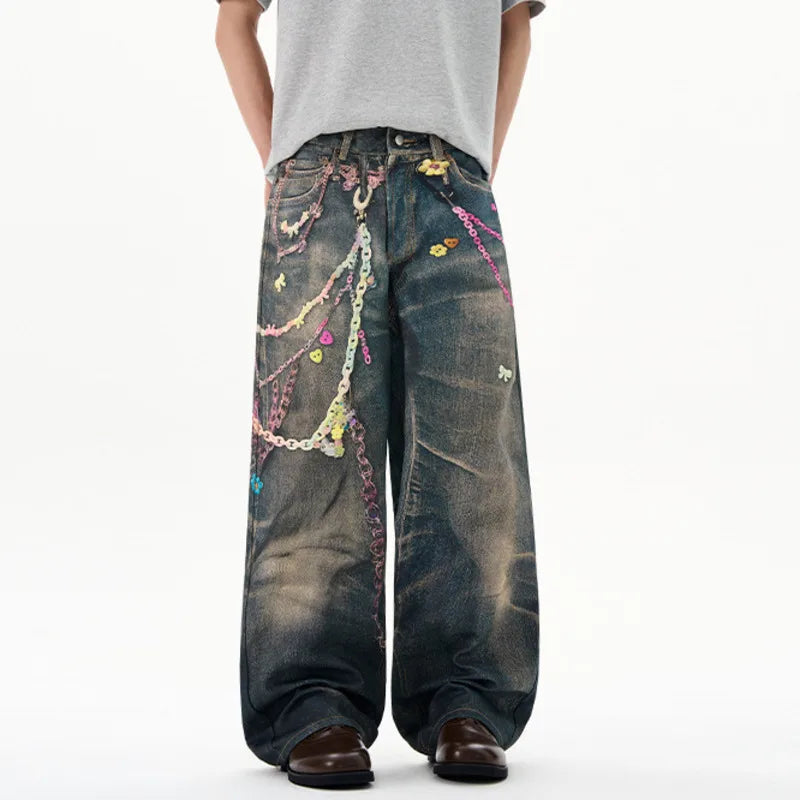 High Street Men'S Jeans Chians Printing Contrast Color Casual Straight Leg Trousers Loose Washing Male Denim Pants 9W3587