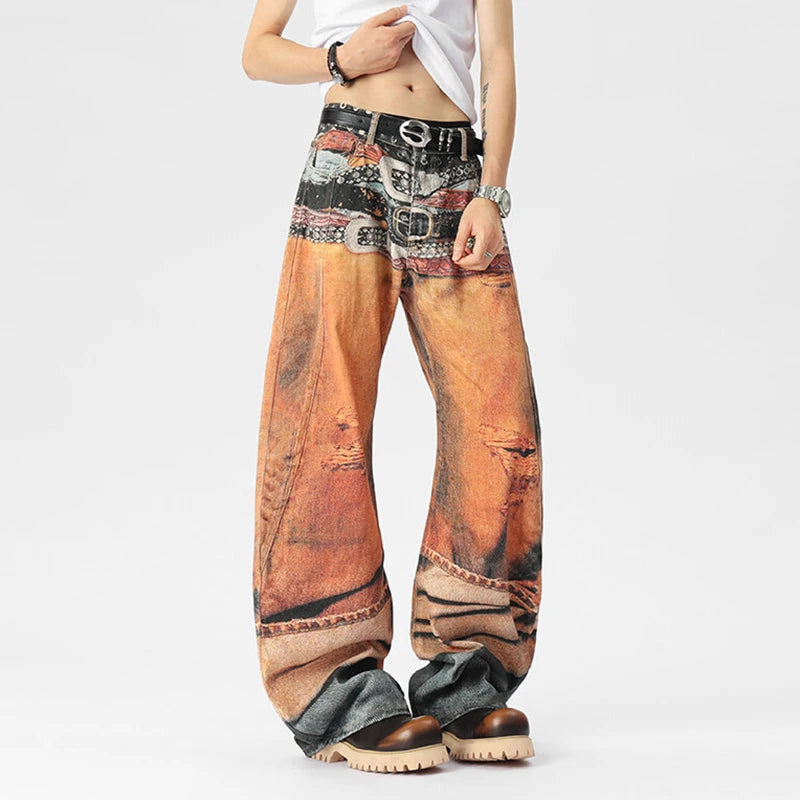 “Marcel”belt digital print pants