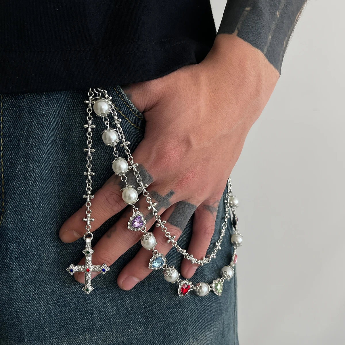Cross Pendant Pearl Keychain Belt Chains