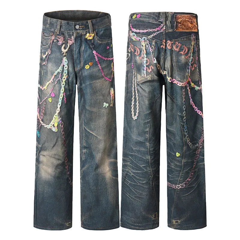 High Street Men'S Jeans Chians Printing Contrast Color Casual Straight Leg Trousers Loose Washing Male Denim Pants 9W3587