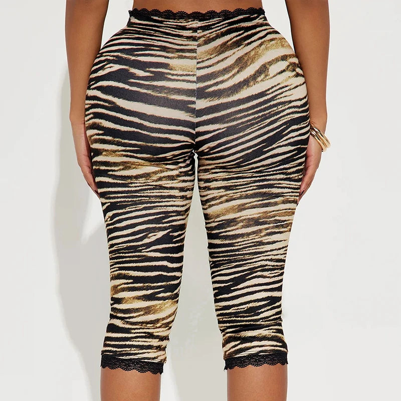 Sexy Hottie Lace Edge Bow Decoration Leopard Print Slim Seven Pants Summer New Women'S Fashion Street Casual Seven Pant
