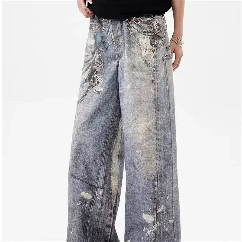 “Marcel” 3D Chain Baggy Straight Denim Pants
