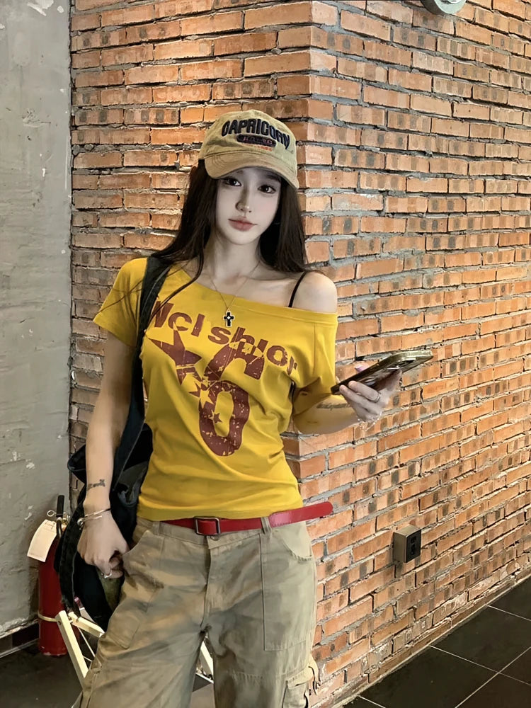 Y2K Sport Summer off Shoulder Top Women Sexy Vintage 2000S Short Sleeve T Shirt Lady Body Basic Crop Top Female Casual