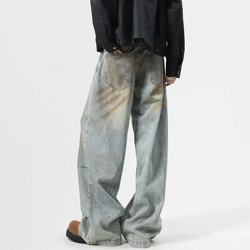 Niche Design Men'S Denim Pants Splotch Worn-Out Contrast Color Casual Trousers Wide Leg Menswear Straight Male Jeans 9W463