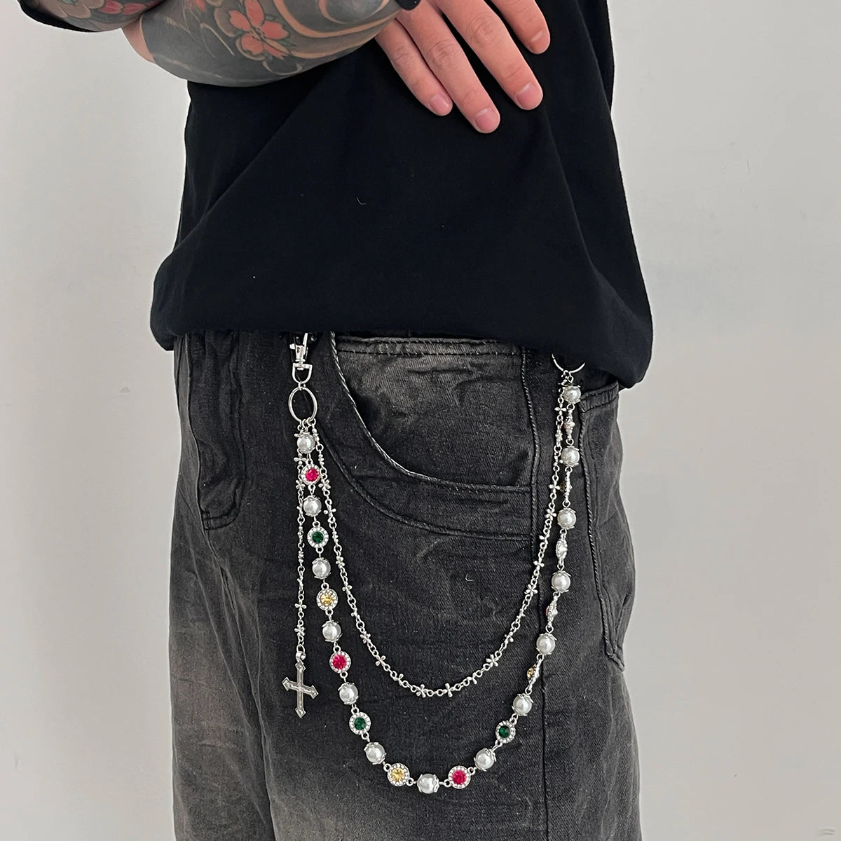 Cross Pendant Pearl Keychain Belt Chains