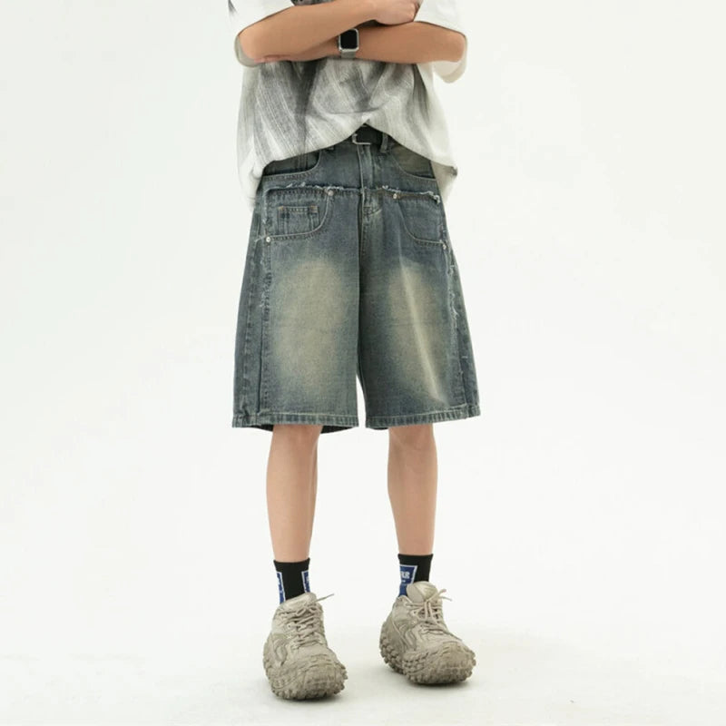 New Summer Men'S Jeans Wahsing Contrast Color Patchwork Raw Edge Loose Straight Leg Fashion Summer Male Denim Shorts 9W3839