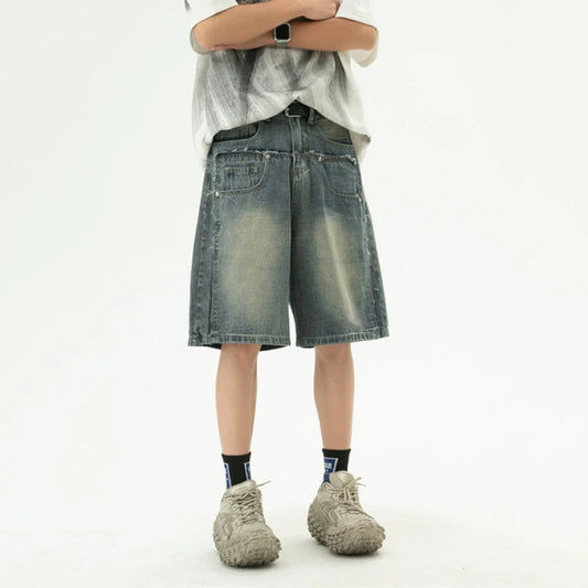 New Summer Men'S Jeans Wahsing Contrast Color Patchwork Raw Edge Loose Straight Leg Fashion Summer Male Denim Shorts 9W3839