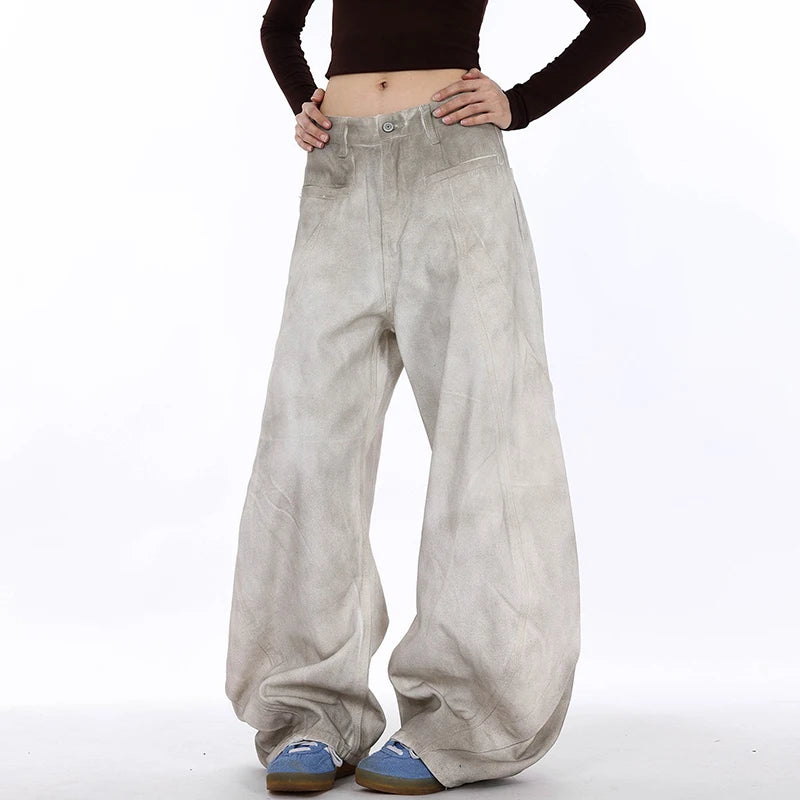American Men Curved-Knife Jeans Washed White Tie-Dyed Deconstructed New Loose Wide Leg Denim Pants Trend Women Baggy 9W3678