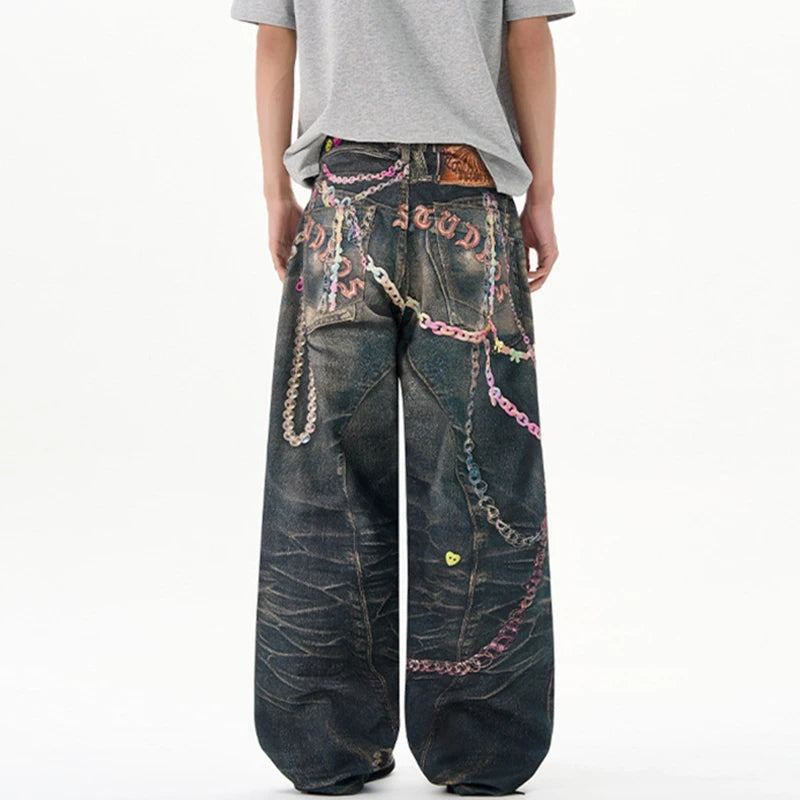High Street Men'S Jeans Chians Printing Contrast Color Casual Straight Leg Trousers Loose Washing Male Denim Pants 9W3587