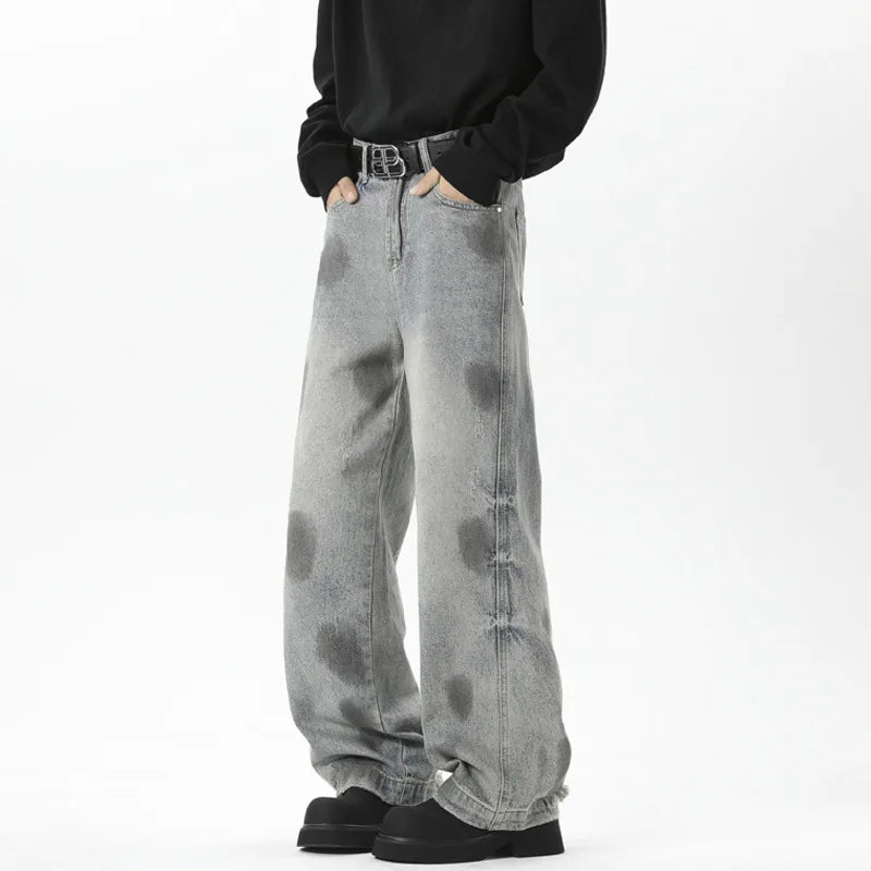Loose Fit Male Denim Pants Summer New Trendy Tie-Dyed Dot Printing Baggy Jeans Men 2025 Straight Wide Leg Trousers 9W3929