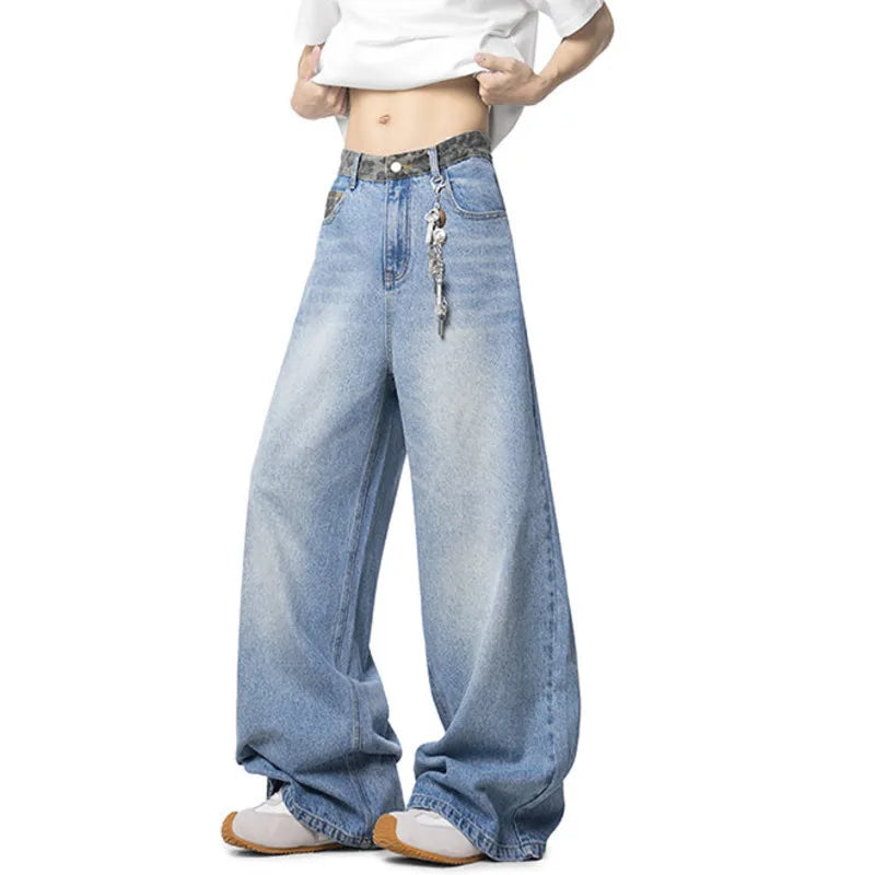 New Fashion Men'S Jeans Washing Leopard Print Patchwork Contrats Color Trousers Straight Wide Leg Male Denim Pants 9W3861