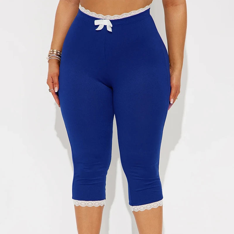 Sexy Hottie Lace Edge Bow Decoration Leopard Print Slim Seven Pants Summer New Women'S Fashion Street Casual Seven Pant