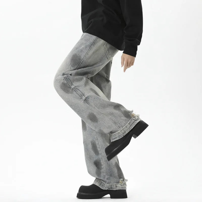 Loose Fit Male Denim Pants Summer New Trendy Tie-Dyed Dot Printing Baggy Jeans Men 2025 Straight Wide Leg Trousers 9W3929