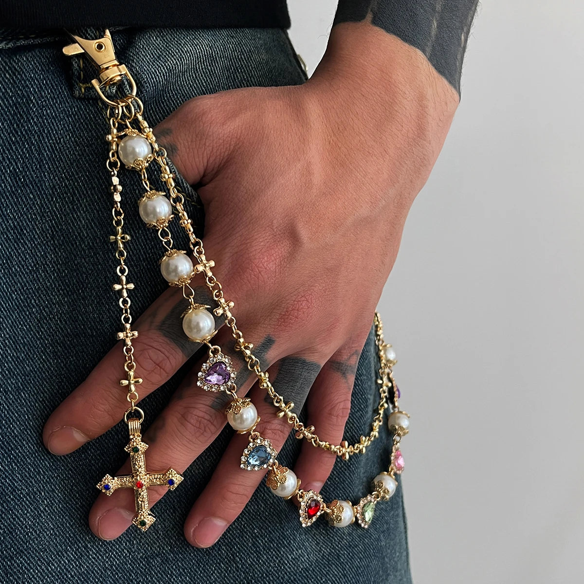 Cross Pendant Pearl Keychain Belt Chains