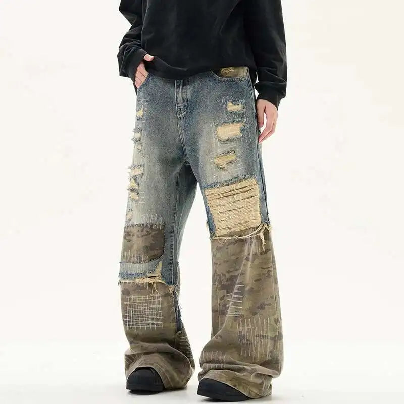 High Street Men'S Jeans Crewel Embroidery Camouflage Patchwork Hole Design Niche Washing Baggy Male Denim Pants New 9W940