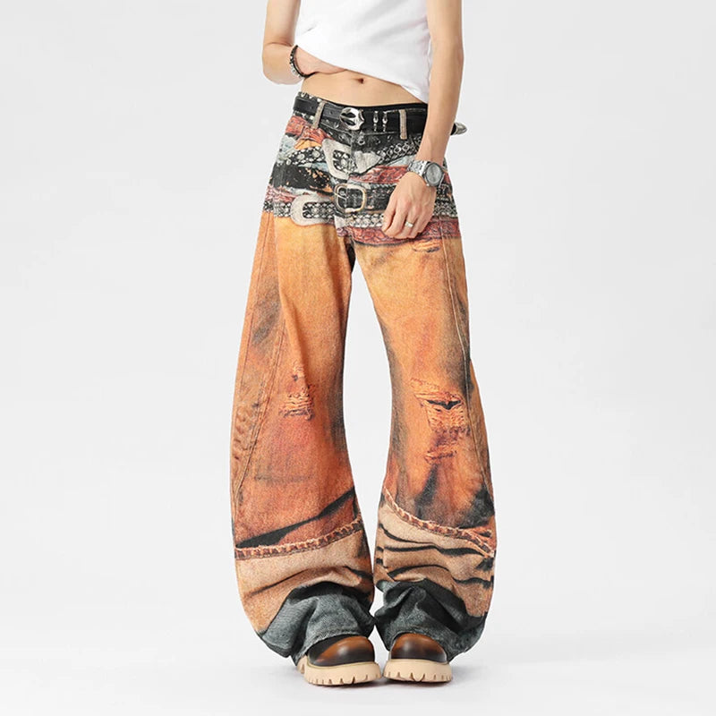 “Marcel”belt digital print pants