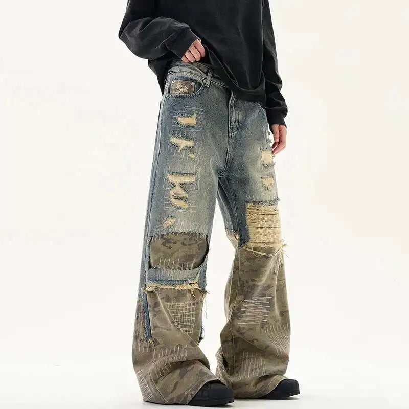 High Street Men'S Jeans Crewel Embroidery Camouflage Patchwork Hole Design Niche Washing Baggy Male Denim Pants New 9W940