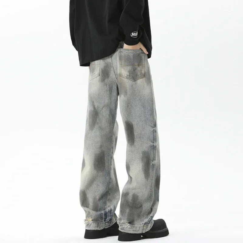 Loose Fit Male Denim Pants Summer New Trendy Tie-Dyed Dot Printing Baggy Jeans Men 2025 Straight Wide Leg Trousers 9W3929