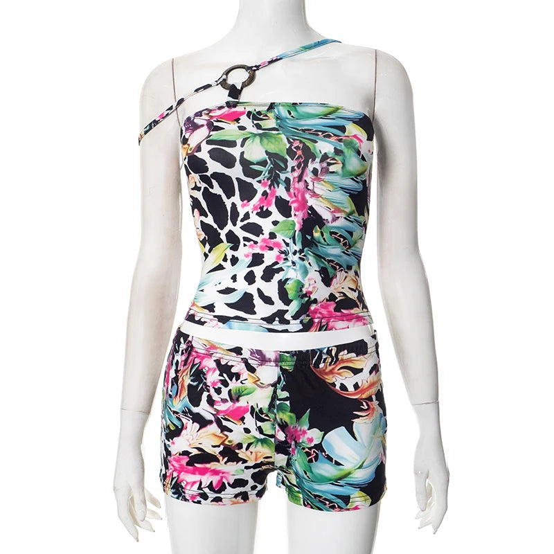 Summer Women'S New Printed Set Irregular Circle Buckle Halter Backless Top + Skinny Shorts Sexy Sets