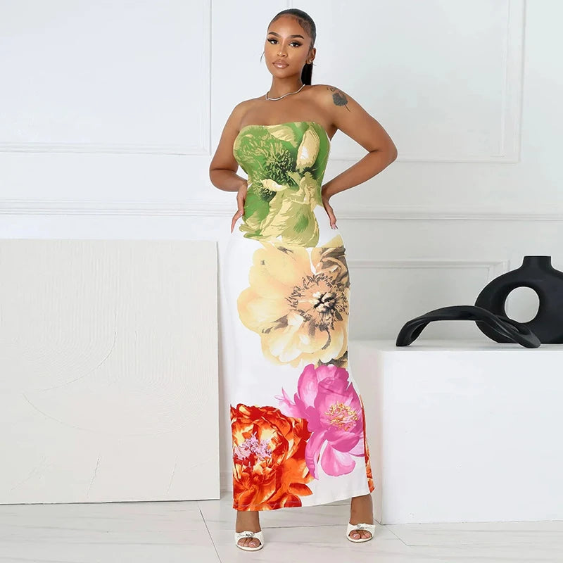 Floral Printed Strapless Backless Dress