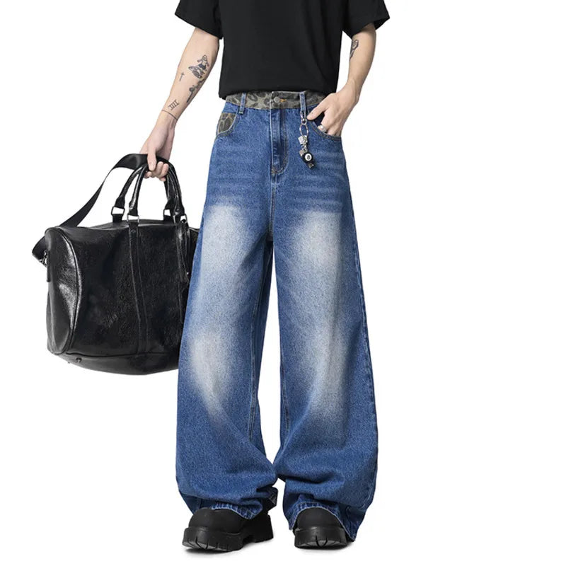 New Fashion Men'S Jeans Washing Leopard Print Patchwork Contrats Color Trousers Straight Wide Leg Male Denim Pants 9W3861