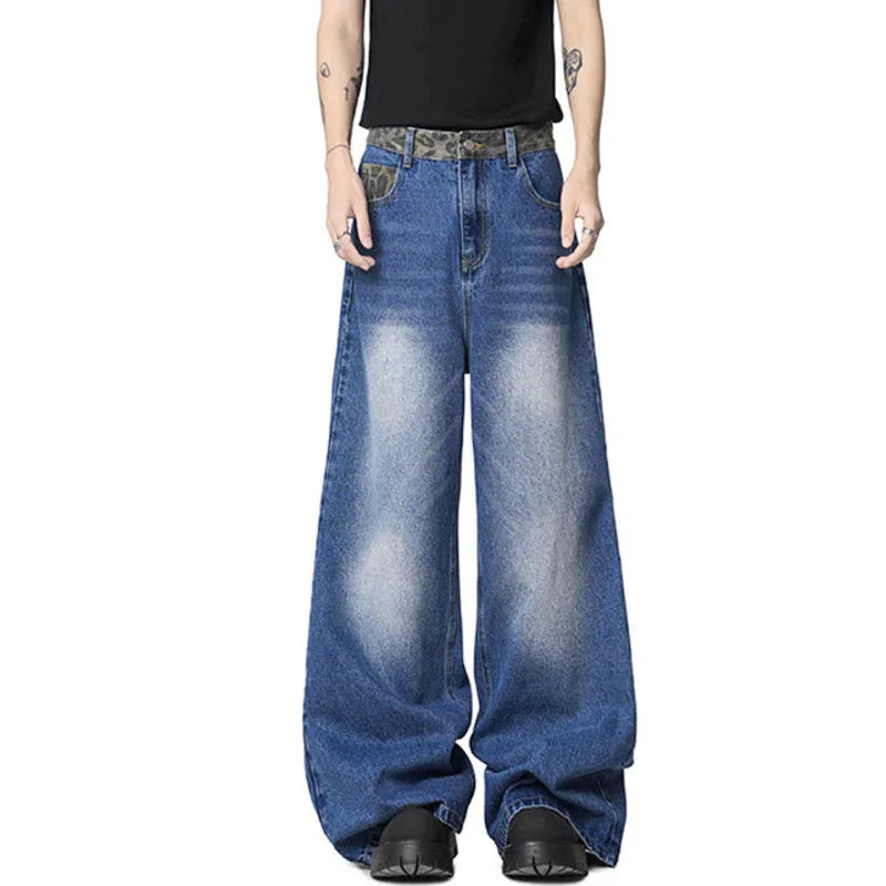 New Fashion Men'S Jeans Washing Leopard Print Patchwork Contrats Color Trousers Straight Wide Leg Male Denim Pants 9W3861