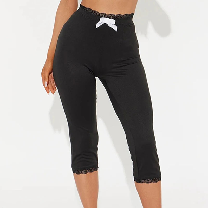Sexy Hottie Lace Edge Bow Decoration Leopard Print Slim Seven Pants Summer New Women'S Fashion Street Casual Seven Pant