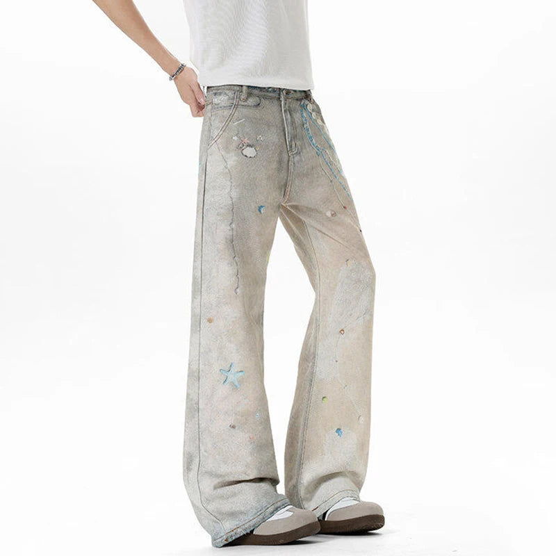 American Style Men'S Fashion Tide Jeans High Street Pearl Printing Straight Wide Leg Male Denim Pants Summer 9W3594