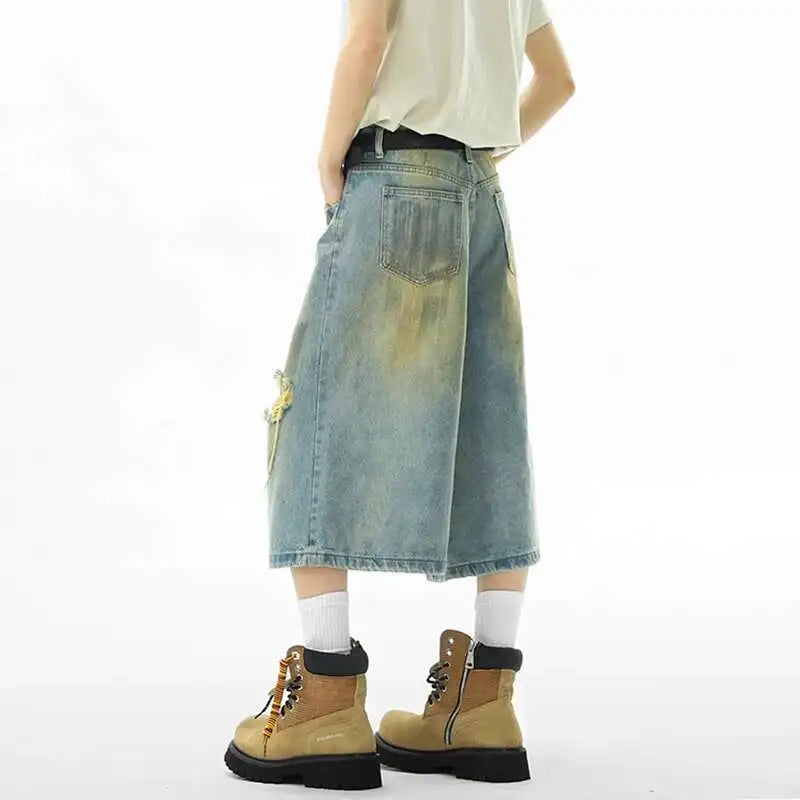 Summer New Stylish Men Denim Shorts Hole Design Worn-Out American Style Seven Point Jeans Vintage Baggy Male Bottoms 9W2284