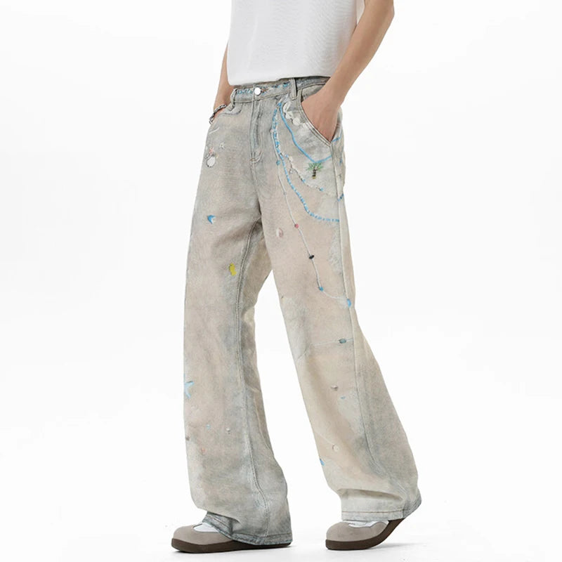 American Style Men'S Fashion Tide Jeans High Street Pearl Printing Straight Wide Leg Male Denim Pants Summer 9W3594