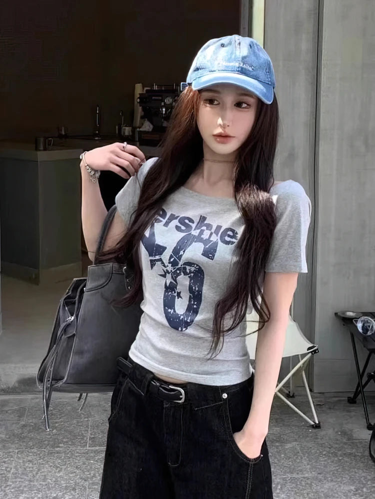 Y2K Sport Summer off Shoulder Top Women Sexy Vintage 2000S Short Sleeve T Shirt Lady Body Basic Crop Top Female Casual