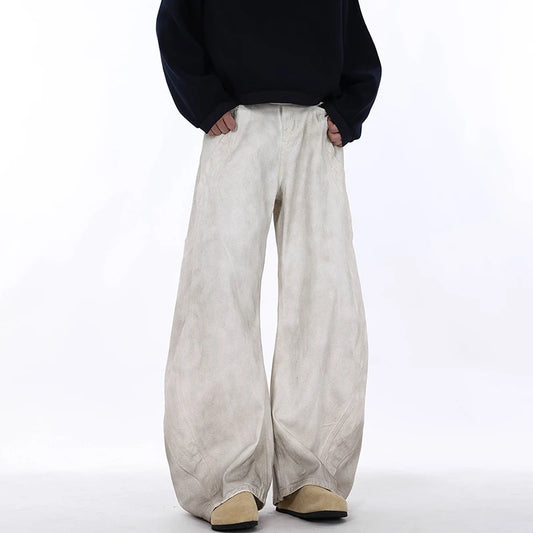 American Men Curved-Knife Jeans Washed White Tie-Dyed Deconstructed New Loose Wide Leg Denim Pants Trend Women Baggy 9W3678