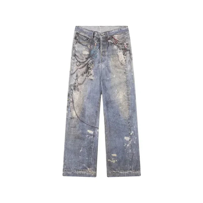 “Marcel” 3D Chain Baggy Straight Denim Pants