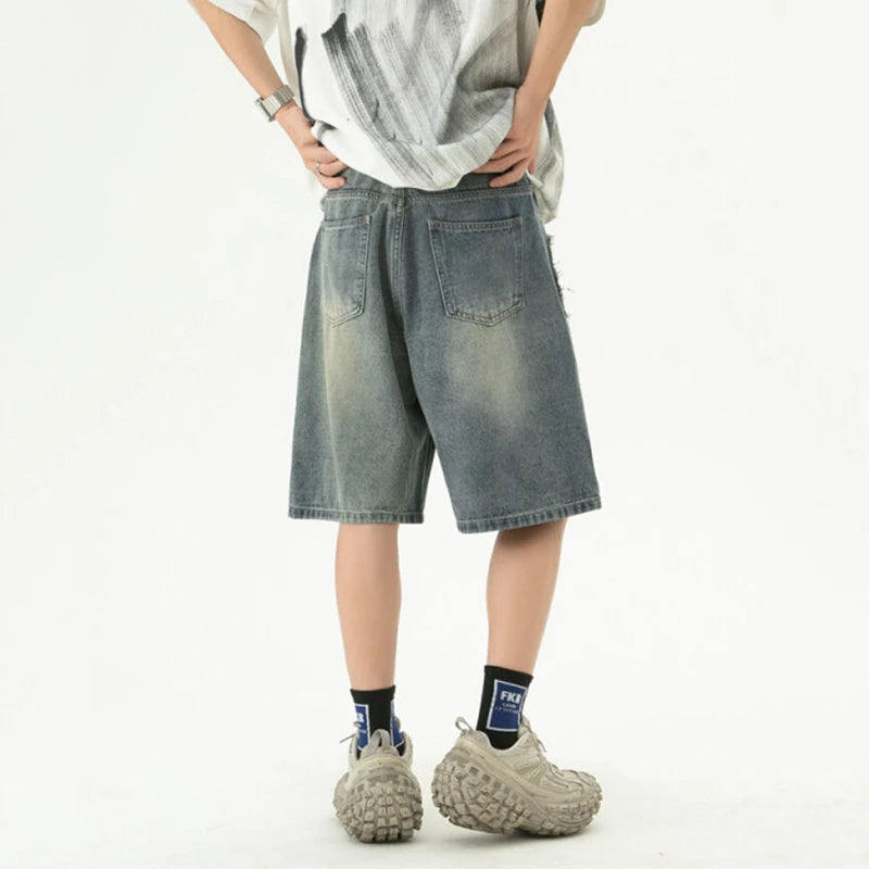 New Summer Men'S Jeans Wahsing Contrast Color Patchwork Raw Edge Loose Straight Leg Fashion Summer Male Denim Shorts 9W3839