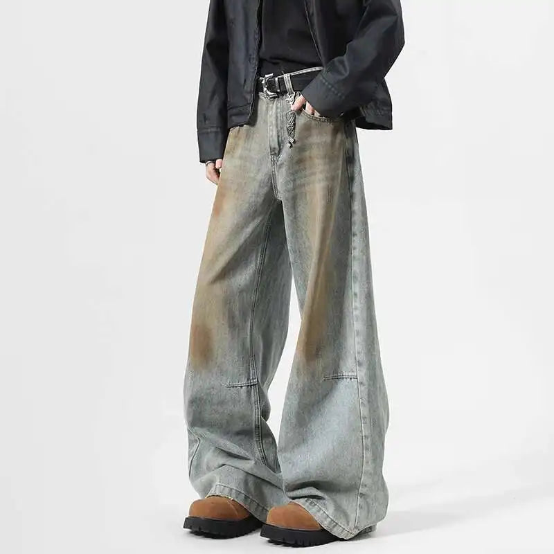 Niche Design Men'S Denim Pants Splotch Worn-Out Contrast Color Casual Trousers Wide Leg Menswear Straight Male Jeans 9W463