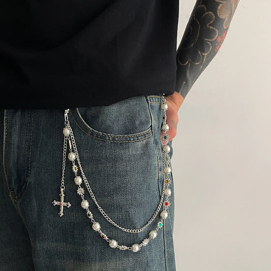 Cross Pendant Pearl Keychain Belt Chains