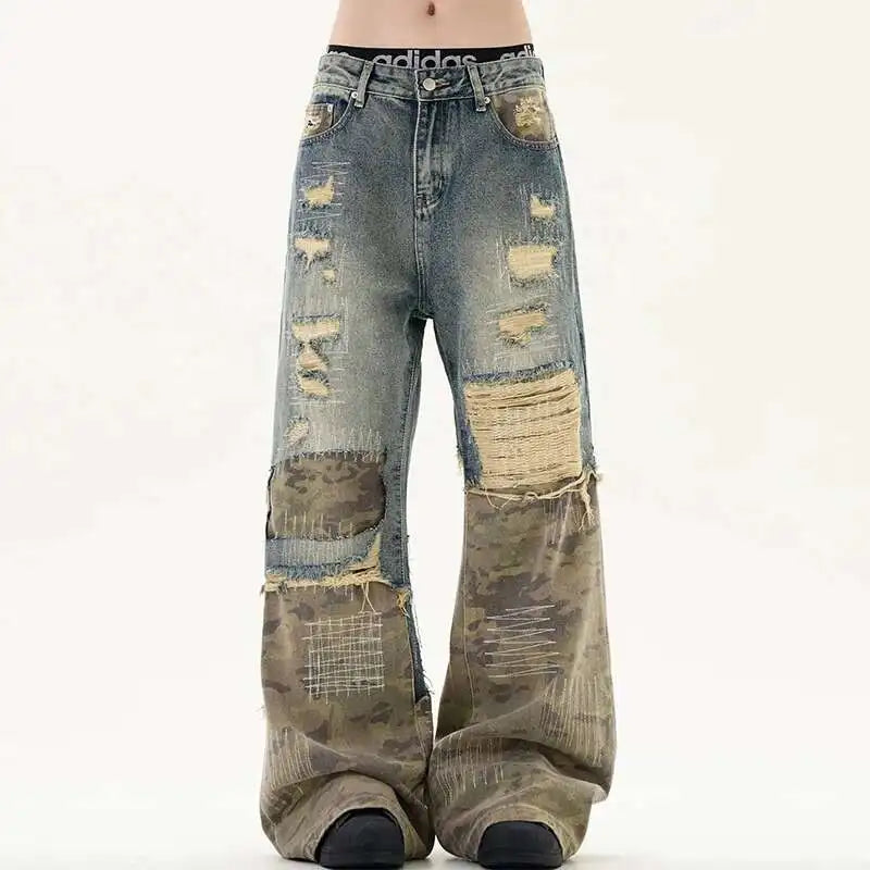 High Street Men'S Jeans Crewel Embroidery Camouflage Patchwork Hole Design Niche Washing Baggy Male Denim Pants New 9W940