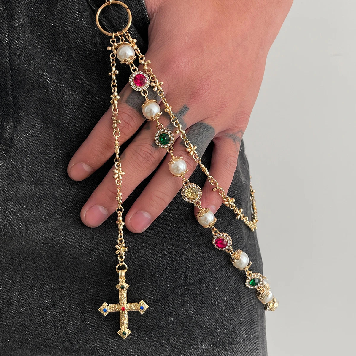 Cross Pendant Pearl Keychain Belt Chains